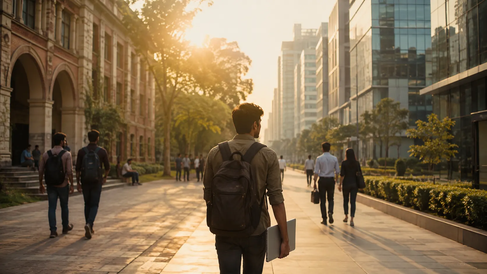 Students walking a tree-lined campus path at golden hour, with a modern city skyline beyond