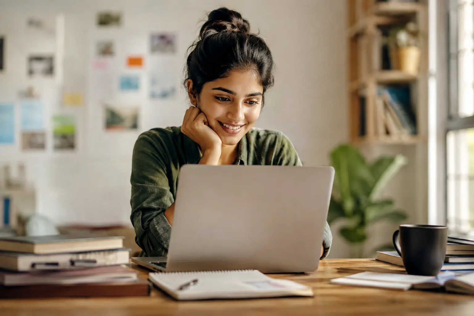 A student reviewing her career plan on a laptop at a bright desk