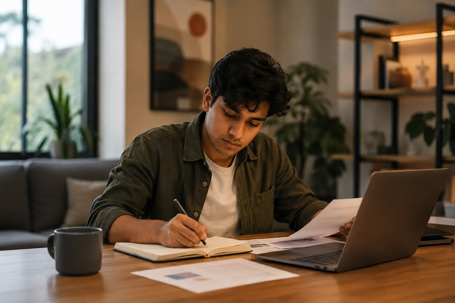 A student writing notes in a journal beside an open laptop