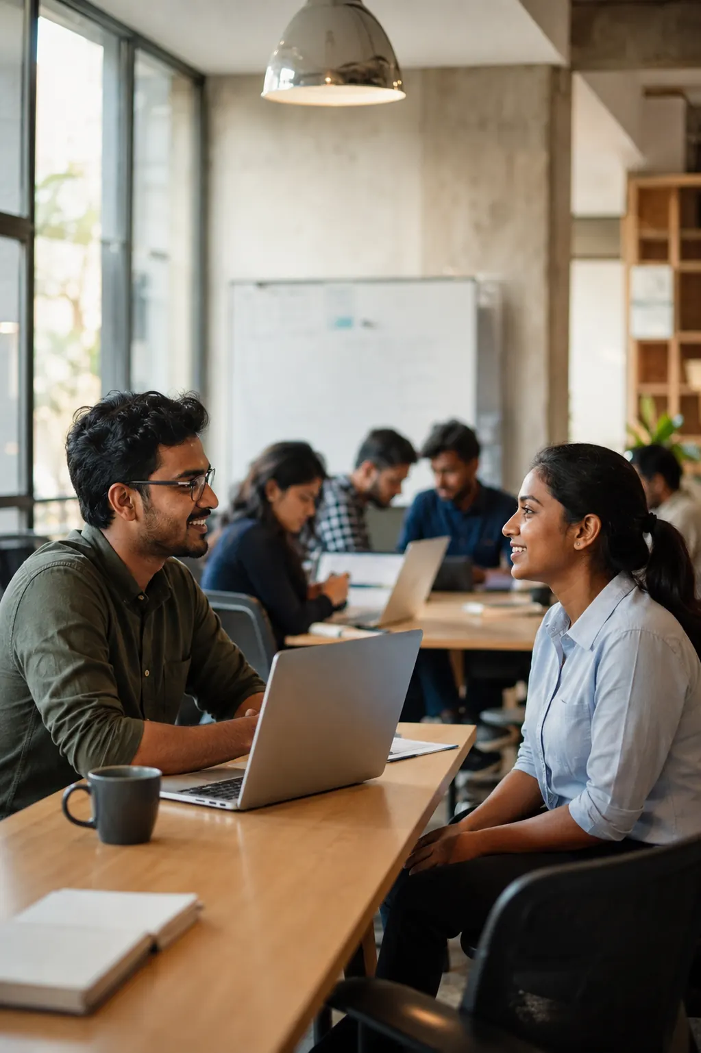 A mentor guiding a student through a laptop during a campus career workshop
