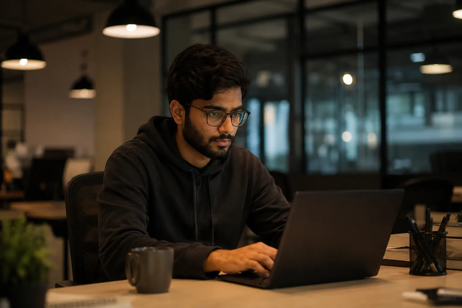 A young professional working late in an open-plan office