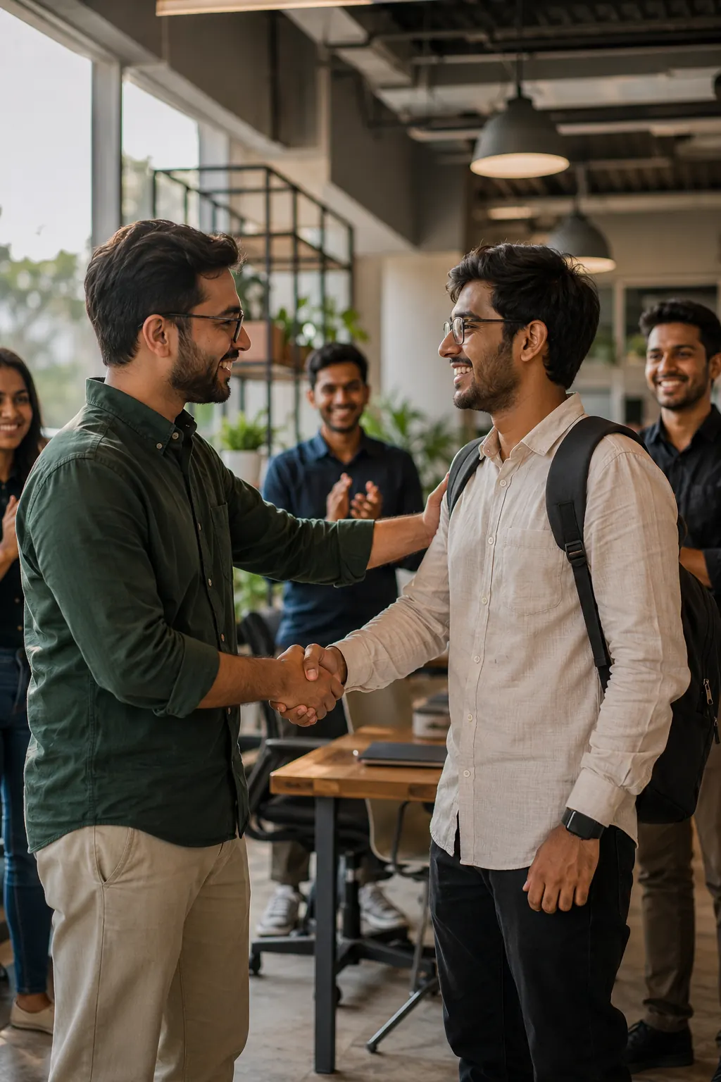 A hiring manager shaking hands with a student as the team applauds