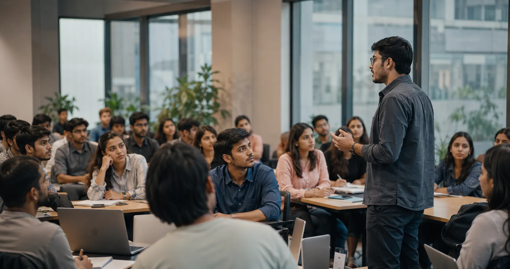 A speaker addressing students during a campus industry session