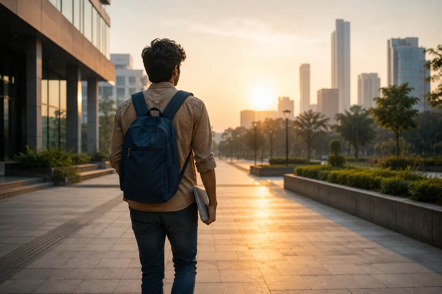 A student with a backpack walking towards a city skyline at sunrise