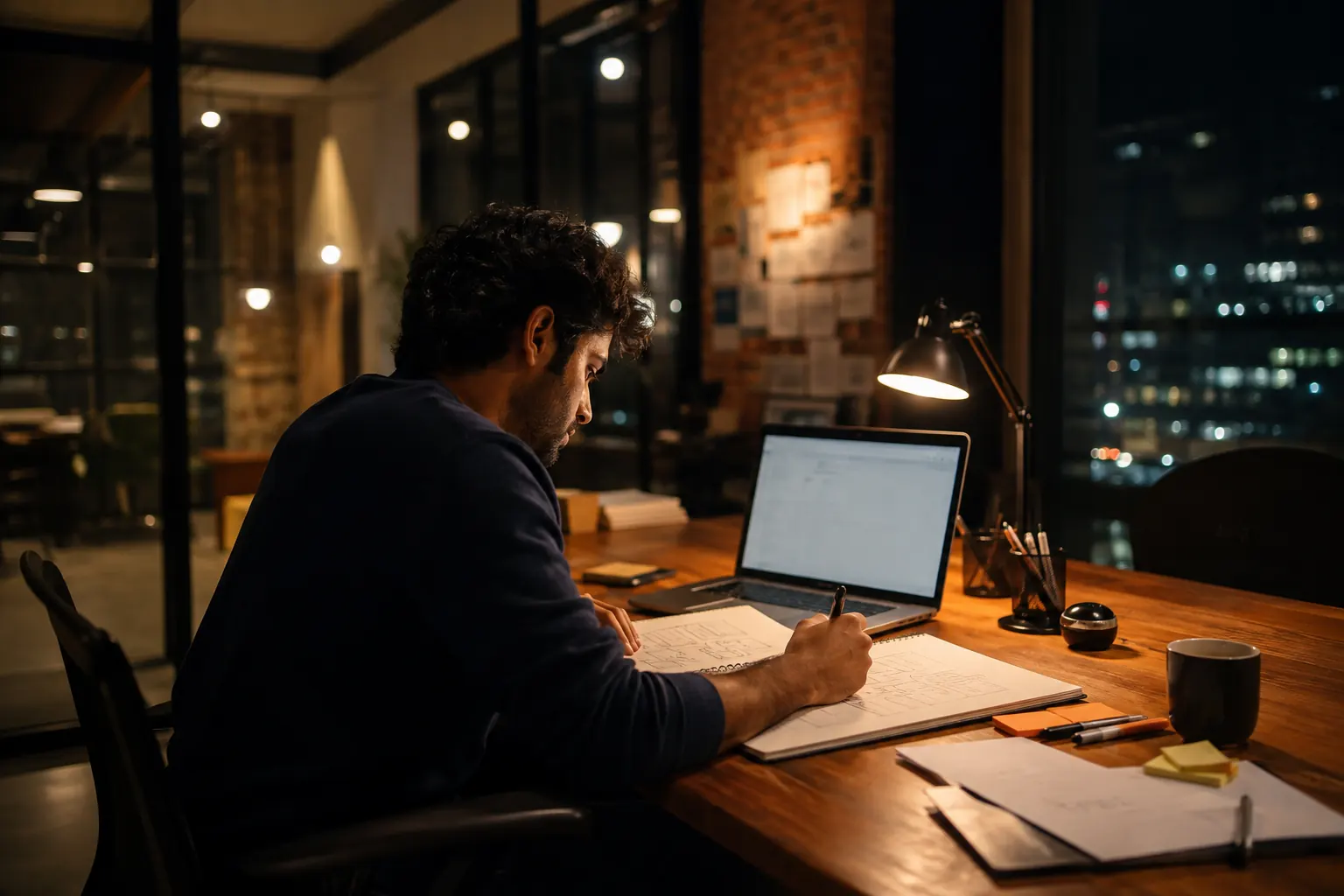 A founder working at a desk late in the evening with the city lights behind