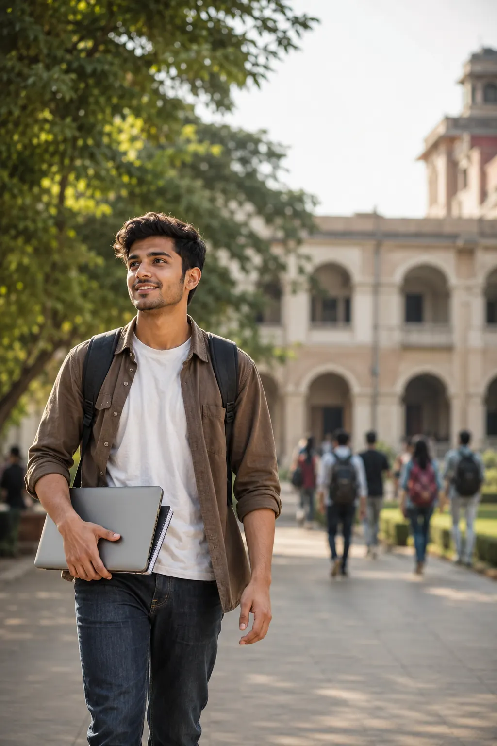A student walking through a college campus with a laptop under his arm