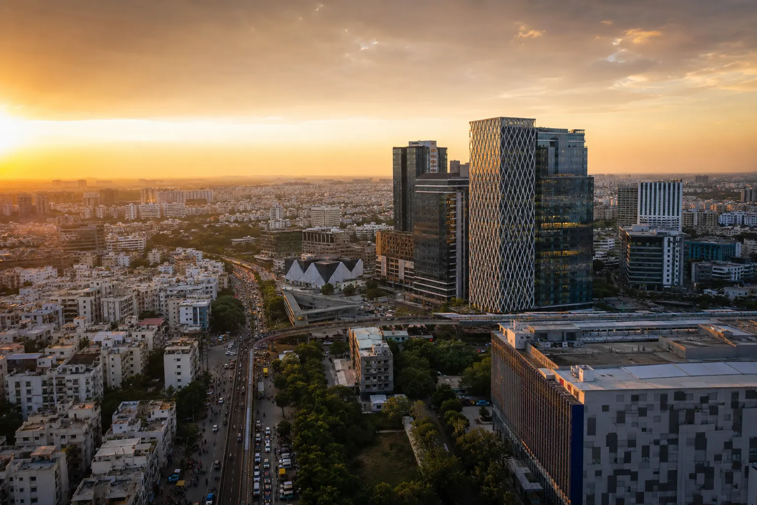 The Hyderabad skyline at sunset, with technology offices along the horizon