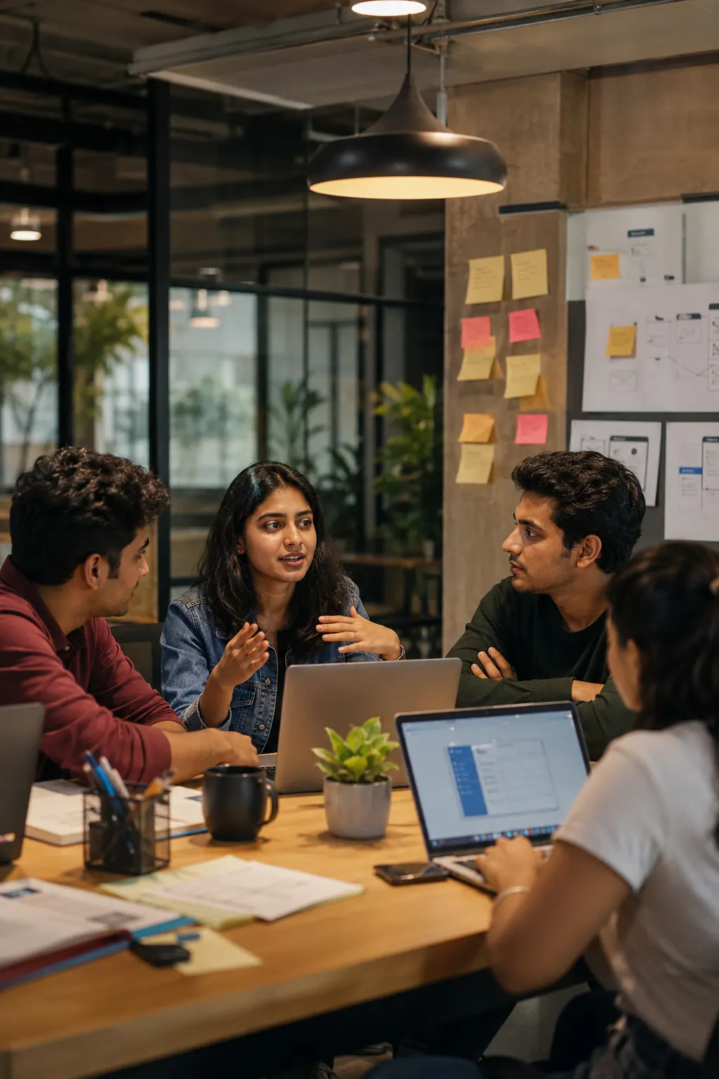 A small startup team working together around a table covered in notes
