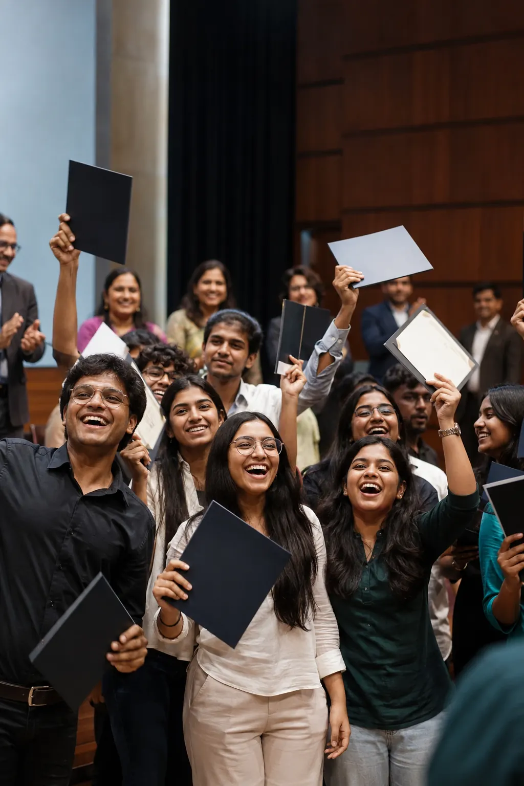 Students celebrating together holding their certificates