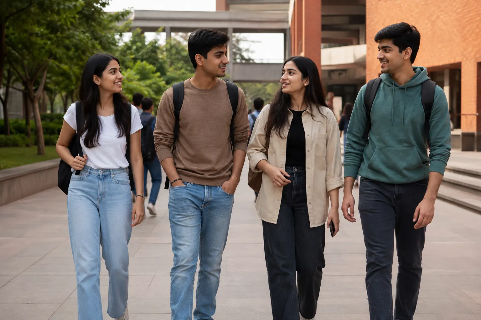 A group of students walking together across a modern campus