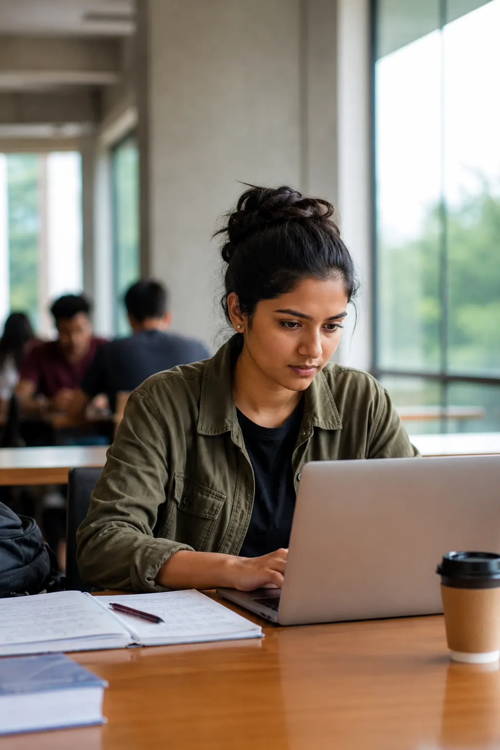 A student working on a laptop in a busy campus study space