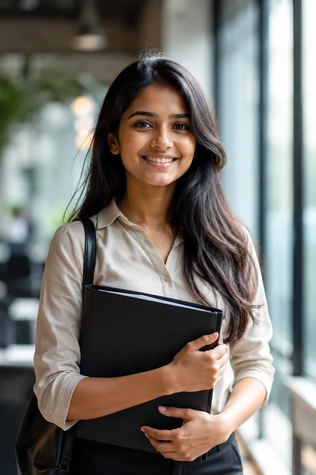 A student holding a portfolio folder, ready for an interview