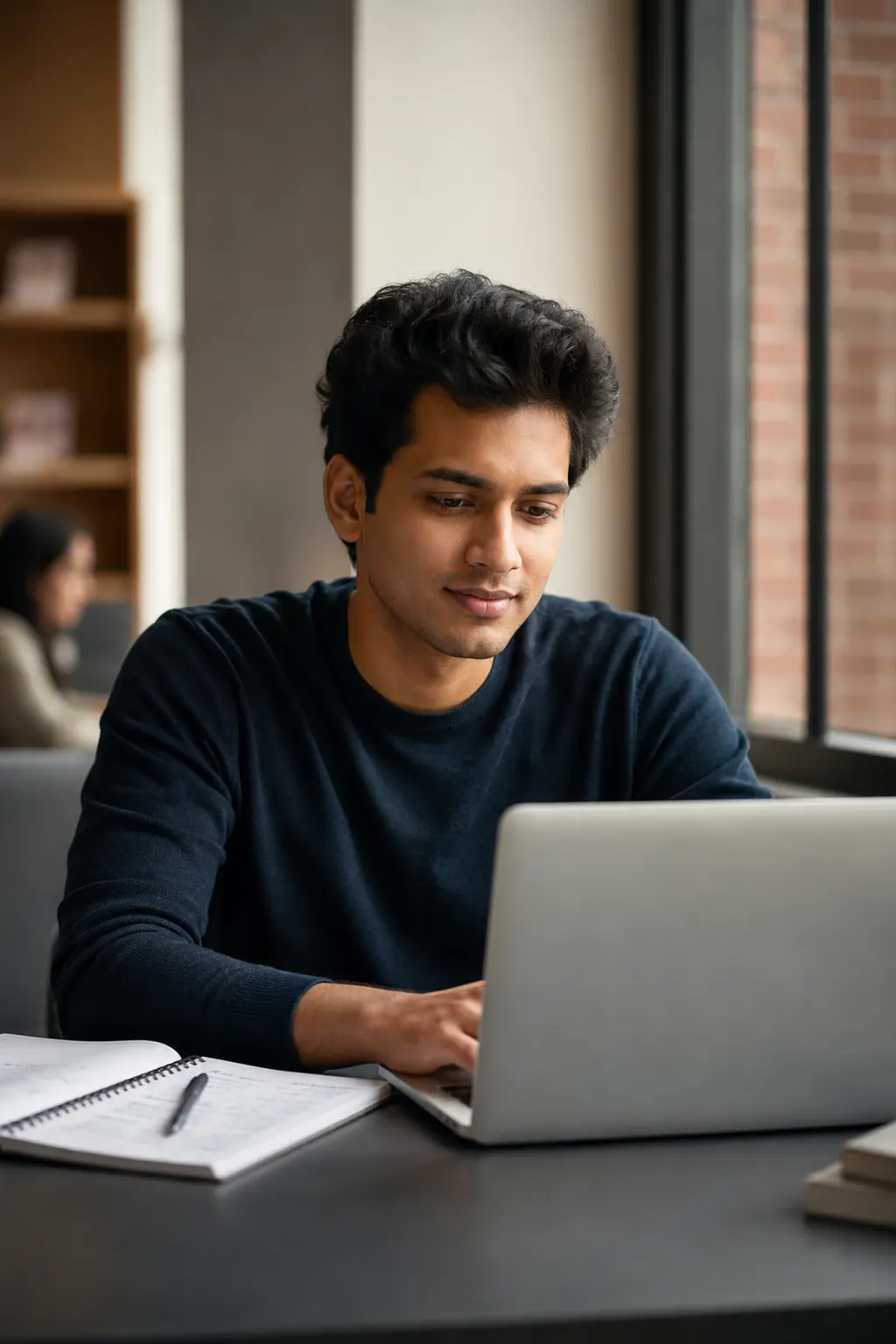 A student building his profile on a laptop beside a notebook in a study space