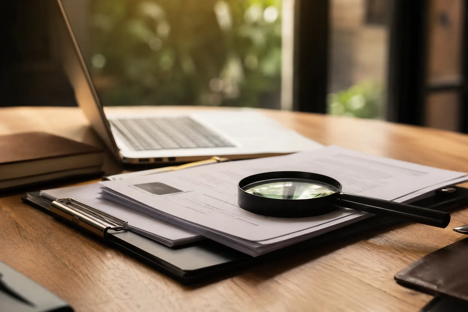 Documents on a desk being reviewed with a magnifying glass beside a laptop